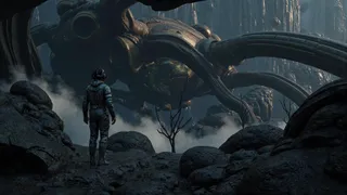 A lone space explorer in a sleek futuristic suit stands on rugged rocks in a foggy, eerie landscape dominated by massive alien architecture with twisting tentacle-like structures.