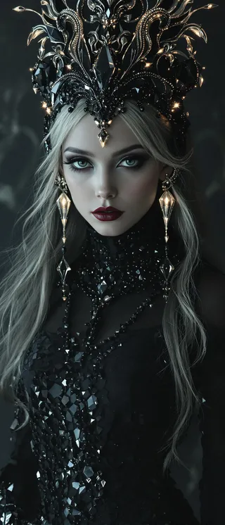 Portrait of an elegant woman wearing a black crown adorned with dark crystals and intricate metallic designs, dressed in a fitted black gown covered with black crystal-like embellishments, with pale hair and striking makeup.