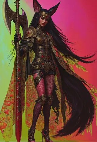 A Japanese girl with large fox ears and a huge fox tail, wearing ornate gold-toned armor and fishnet stockings, holding a large battle axe against a vibrant lime green and magenta background.