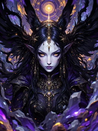 Surreal portrait of a fantasy creature blending human, fox, and raven traits, featuring dark wings, golden eyes, intricate jewelry, and a mystical purple vortex background.
