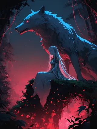 A large wolf with glowing red eyes stands protectively behind a seated woman with long white hair wearing a flowing dress, illuminated by eerie red and blue moonlight in a dark forest.