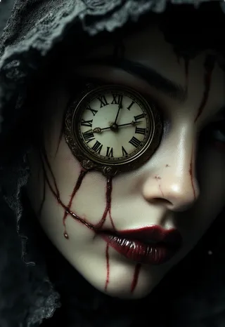 Close-up of a woman's face with a clock instead of one eye, blood tears streaming down her pale skin, dark red lipstick, and a lace hood.
