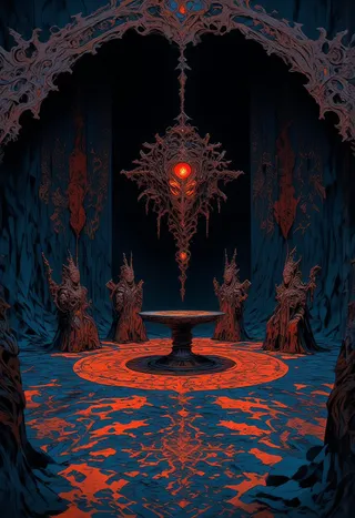 A carved dark timber table stands on an intricate red and blue patterned rug in a dim, gothic chamber surrounded by four ornate armored figures and an elaborate hanging chandelier.
