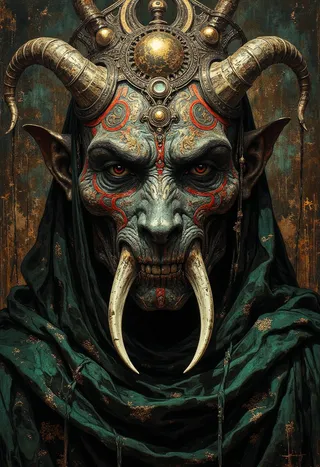 Ornate mask featuring metallic tusk-like protrusions, intricate swirling patterns, crescent moons, gemstone accents, and crowned with a regal ceremonial headpiece, draped in dark green fabric under moody lighting.