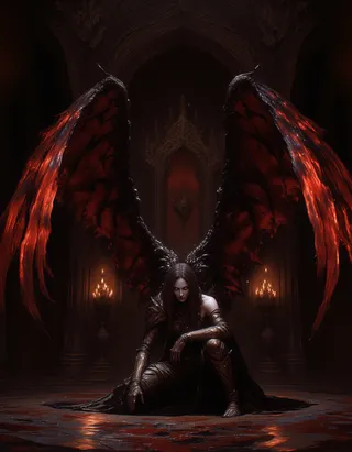 Ein beeindruckender dämonischer Krieger mit großen feuerroten Flügeln hockt in einer aufwendig dekorierten gotischen Halle, beleuchtet von leuchtend roten Lichtern, trägt schwarze Rüstung und hat blasse Haut, die im Kontrast zur dunklen und satten roten Umgebung steht.