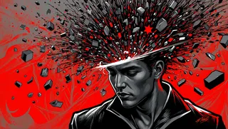 Black and red graffiti-style artwork of a man with his head exploding into many small circuit board fragments spreading outward.