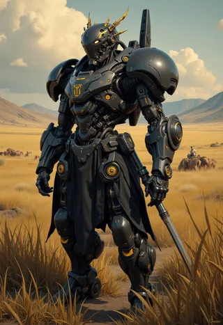 A futuristic cyborg mech stands in a golden rural landscape wearing bulky battle-worn power armor and holding a sword, with mountains and a herder on horseback in the background.