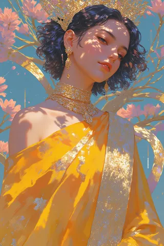 A hyper-realistic portrait of a young woman with short curly black hair and pale skin in a bright yellow saree with intricate gold zari work, wearing lavish gold earrings, choker, and rings, set against a surreal swirling floral background.