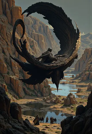 A cloaked figure flying dynamically in a spiral-shaped black form over a rocky canyon with a river valley below and a group of people watching from the ground.