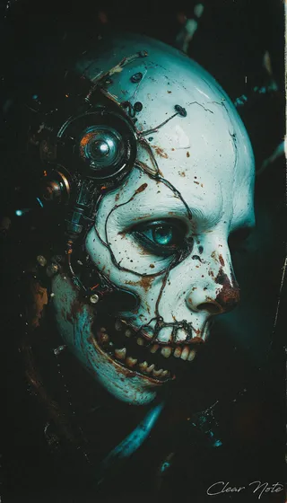 Close-up of a grotesque cyborg with a twisted mechanical face partially illuminated in darkness, showing metallic components intertwined with decayed, skeletal features.