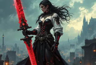A muscular gothic vampire elf woman stands on a rooftop edge in a predatory stance, holding a jagged ruby-bladed sword glowing with runic etchings, wearing a black leather corset and pleated skirt with thigh-high boots, her raven-black hair flowing in dual braids against a dark, foggy cityscape background.
