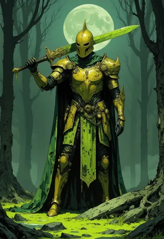 A tall acid knight stands in a misty swamp under a full moon, wearing decaying golden armor with green acid burns, holding a long curved green acid sword.