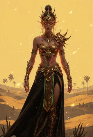 A hyper-realistic portrait of an ancient feminine deity in intricate golden armor and a black skirt with colorful accents, standing in a detailed desert with a yellow sky.