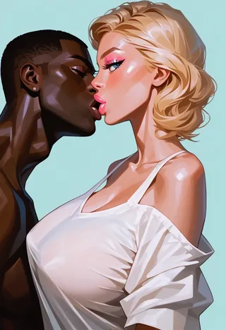 A stylized watercolor image of an interracial couple, a blonde woman in a loose white shirt and a black man, sharing a kiss in side profile view with a seductive expression.