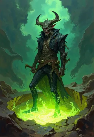 Oil painting of a demon biker with a grotesque horned helmet standing guard in a pit filled with glowing, bubbling green liquid, surrounded by atmospheric haze and moody lighting.