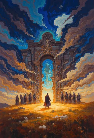 Oil painting of an ancient stone arch glowing with fiery light, surrounded by robed figures under a swirling, colorful sky with dynamic brushstrokes and moody lighting.