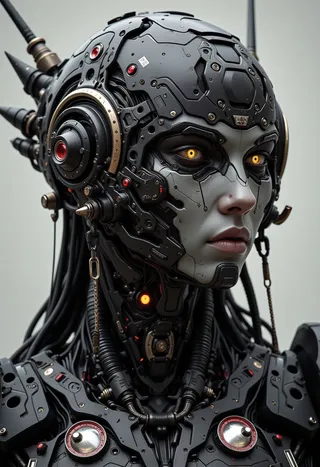 Portrait of a futuristic cyborg with a detailed black exosuit and glowing yellow eyes, wearing a bulky mech power armor with gothic and high-tech design elements.