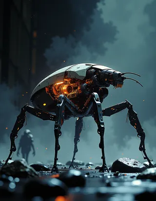 A futuristic insect-like scout robot with six articulated legs and three motion sensors, revealing detailed internal mechanical sections, standing on rocky terrain with a shadowy bluish background.