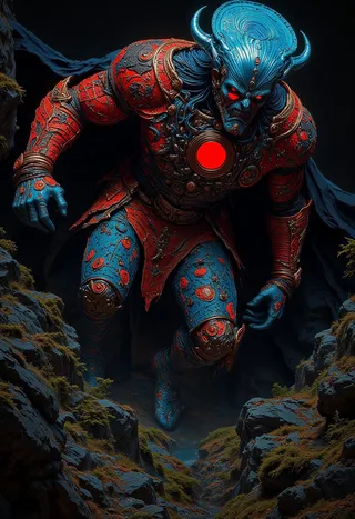 A blue-skinned horned creature wearing ornate red armor with glowing red eyes and a large red circular emblem on its chest, crouching in a rocky forest environment.