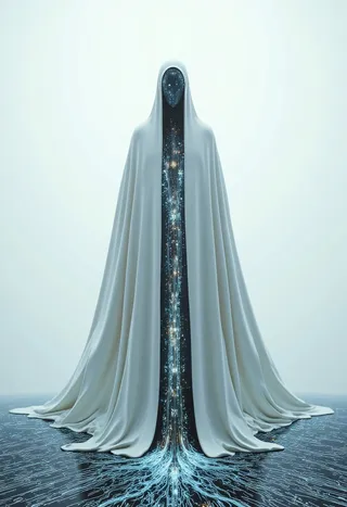 Hyper-realistic spectral figure in a flowing white cloak standing on a glowing circuit board with a faceless, reflective surface in an ethereal white void.