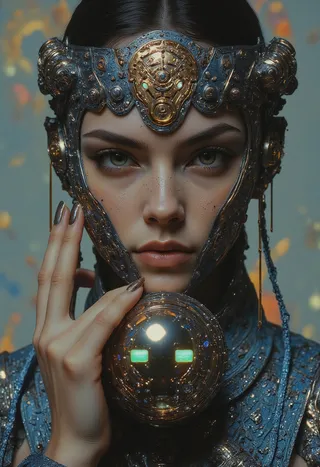 Close-up portrait of a fierce woman wearing an ornate metallic crown in a surreal space laboratory with geometrical illusions and psychedelic patterns.