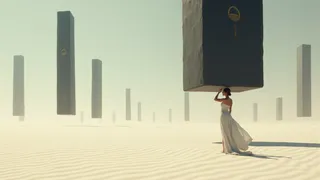 A vast alien desert with pale sand and multiple black monoliths floating in the air, featuring a solitary female figure in a flowing dress standing under one monolith.