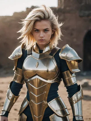 Blonde girl wearing full plate armor with a serious expression, captured in a cinematic outdoor setting.