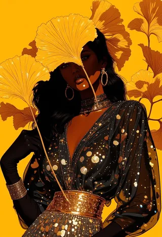 A hyper-realistic portrait of a dark-skinned woman in a black dress adorned with gold sequins and beads, with long dark hair partially covering her face, holding large bright yellow Ginkgo biloba leaves against a vivid yellow background.