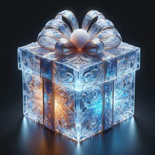 A luminous, intricately detailed icy box adorned with a frosted decorative bow emitting glowing blue and warm lights on a dark background.