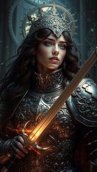 Photorealistic digital painting of a space knight wearing elaborate, intricately detailed armor and an elegant, ornamental crown, holding a glowing sword with glowing effects.