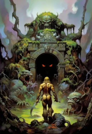 A muscular ancient warrior with a sword stands before a moss-covered, demon-guarded stone temple entrance with glowing red eyes inside, amid swamp monsters and fog.