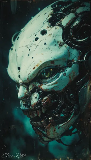 Close-up of a menacing alien cyborg biomechanical skull with intricate mechanical details, rusty metallic surfaces, and glowing eye in dark surroundings.