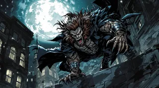 Comic book style full body depiction of an anti-hero wolfman with brown long hair, pointy ears, intense facial and body hair, wearing a black leather coat, boots, and claws, jumping from a rooftop under a full moon in a night city.