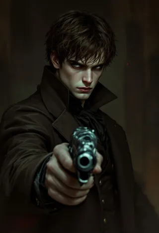 Brooding young vampire doctor in a dark brown duster pointing a gun forward with intense focus