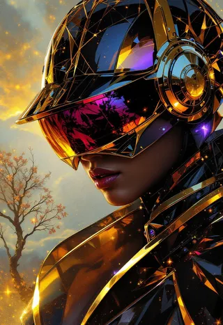 Futuristic portrait of Daft Punk wearing a highly detailed golden helmet with a reflective visor, digital painting with intricate armor design.