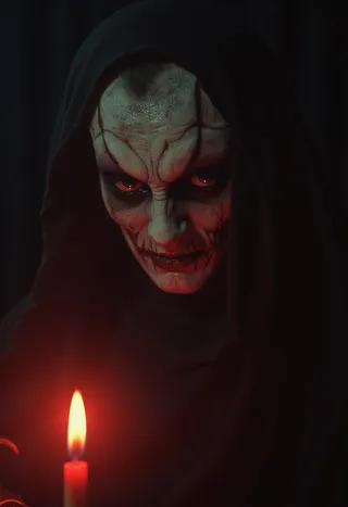 Grotesque Boogeyman figure with a distorted face illuminated by a red candle, set in dark cinematic lighting with shadows.