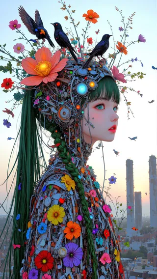 Portrait of a Japanese girl in profile wearing a detailed biomechanical headdress decorated with vibrant flowers and mechanical birds, set against a futuristic ruin backdrop.
