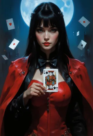 A digital portrait of a young woman in a vibrant red magician's outfit holding a playing card, with jet-black hair and mysterious cinematic lighting.