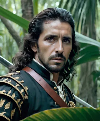 Detailed portrait of a 1700s Spanish conquistador with black trimmed beard and wearing ornate historical clothing, standing in a lush jungle with dramatic and volumetric lighting.