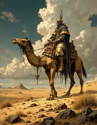 A somber scene of a camel standing on a vast desert plain carrying a mummified rider adorned in ornate dark fantasy armor, under dramatic cloud-filled skies.