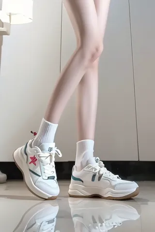 Close-up lower body shot of slender legs wearing white sneakers and socks, with clear floor reflection under soft outdoor lighting.