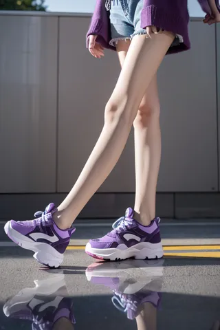 Slender legs wearing purple sneakers with white soles walking outdoors on a street, their reflection visible on wet pavement.