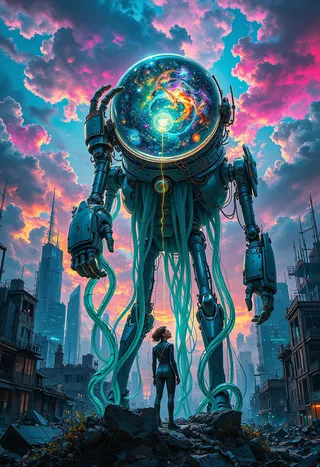 A colossal ethereal being with a galaxy-filled translucent head and bioluminescent tendrils stands in a futuristic crumbling city, holding a glowing thread toward a lone figure in a cyberpunk exosuit under a vibrant neon sky.