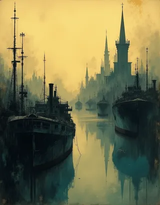 Panoramic view of a dystopian port with aged, smoky atmosphere and old paper texture, featuring large ships and towering spires.