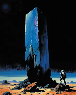 Tall blue monolith with a cracked surface standing against a black night sky and barren desert, with an astronaut observing it at the base.