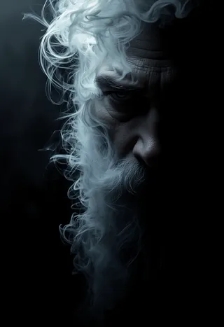 Portrait of Santa Claus dissolving into swirling fog and smoke, blending into a dark black background with soft diffused volumetric light.