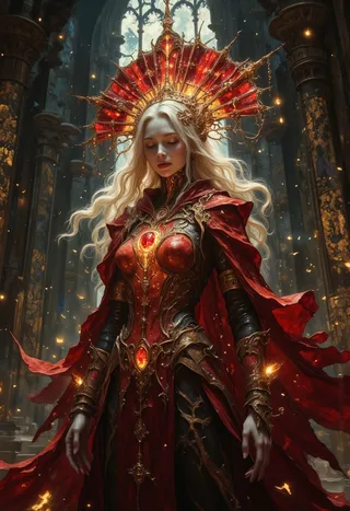A divine female figure in a dim cathedral, adorned with an elaborate crimson and gold headdress, glowing ruby-embedded glass armor, and flowing red cape, standing with eyes closed in serene prayer.