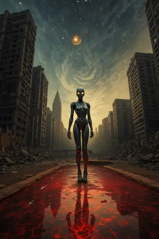 A futuristic android with glowing yellow eyes stands on a red reflective water surface surrounded by crumbling skyscrapers under an ethereal swirling sky.