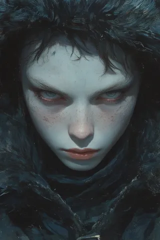 Hyper-realistic close-up portrait of a young man with pale porcelain skin and intense gray eyes, wrapped in a black fur-lined Eskimo hood.