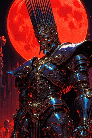 A dark fantasy illustration of the Skull Knight in shiny chrome armor with upward spikes on his crown, standing under a massive blood-red moon.